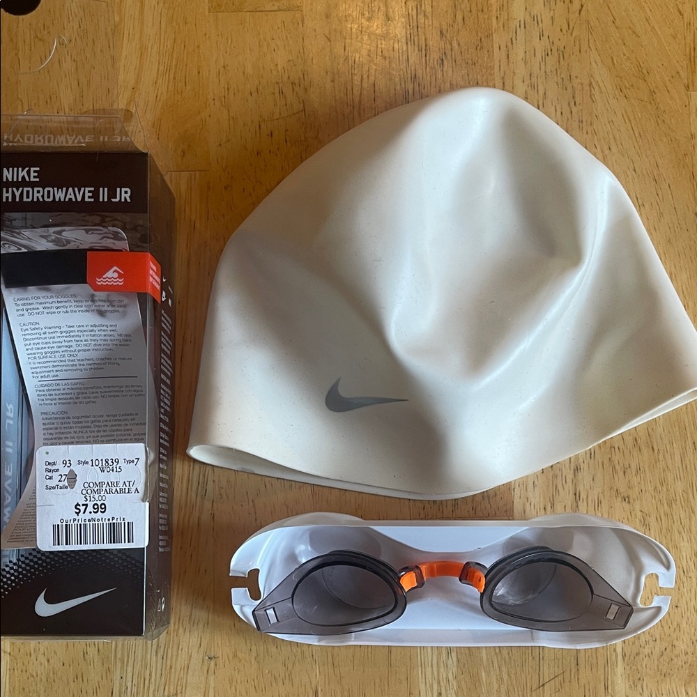 Nike Hydrowave II Jr Swim Cap plus Goggles - White and Orange